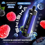 Load image into Gallery viewer, Promotional graphic for Hayati Pro Max Shisha in Frozen Blueberry Raspberry flavour. Lists features such as 15,000+ puffs, 15mL e-liquid, and 5mg/mL nicotine. The background features a cosmic setting with blueberries and raspberries.
