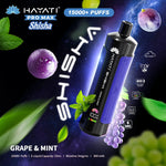 Load image into Gallery viewer, Advertising image for Hayati Pro Max Shisha, highlighting the Grape &amp; Mint flavour. It mentions 15,000+ puffs, 15mL e-liquid, and 5mg/mL nicotine. The design includes a purple space backdrop with grape clusters and mint leaves.
