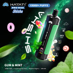 Load image into Gallery viewer, Promotional image for Hayati Pro Max Shisha disposable vape, showcasing the Gum &amp; Mint flavour. Features include 15,000+ puffs, 15mL e-liquid capacity, and 5mg/mL nicotine strength. The vape is depicted in a vibrant space-themed background with mint leaves and gum visuals.
