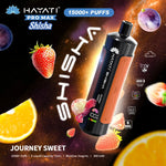 Load image into Gallery viewer, Marketing graphic for Hayati Pro Max Shisha in Journey Sweet flavour. The image features a galaxy-themed backdrop with visuals of strawberries and citrus fruits. This vape offers 15,000+ puffs, 15mL e-liquid capacity, and 5mg/mL nicotine.
