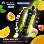 Load image into Gallery viewer, Promotional image for Hayati Pro Max Shisha showcasing the Kiwi Orange Mint flavour. The design includes a cosmic background with kiwi, orange slices, and mint leaves. The product details include 15,000+ puffs, 15mL e-liquid, and 5mg/mL nicotine.
