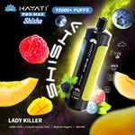 Load image into Gallery viewer, Advertisement for Hayati Pro Max Shisha in Lady Killer flavour. This image features a space-themed background with visuals of raspberry, blackberry, mango, and passion fruit. The vape lists 15,000+ puffs, 15mL e-liquid capacity, and 5mg/mL nicotine.
