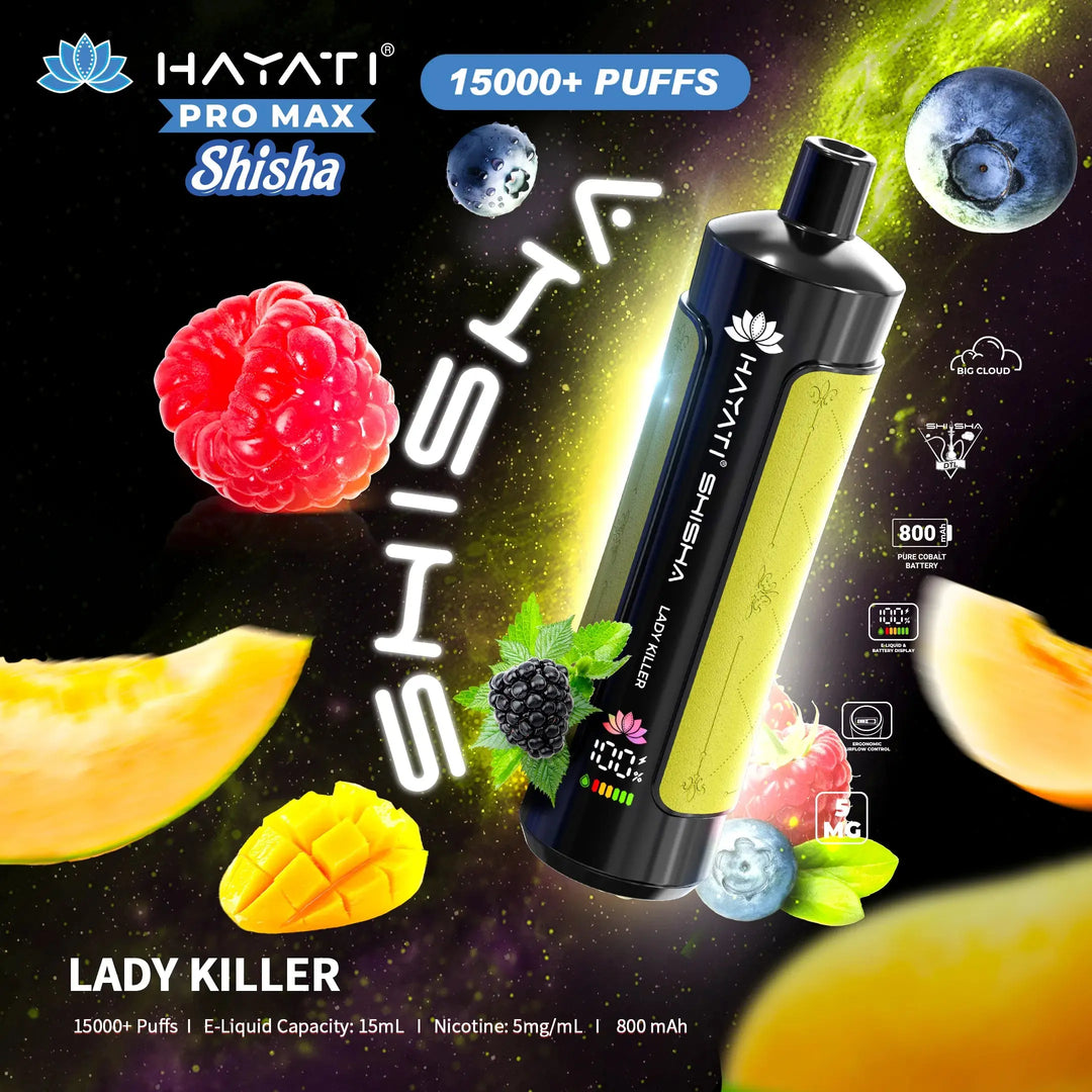 Advertisement for Hayati Pro Max Shisha in Lady Killer flavour. This image features a space-themed background with visuals of raspberry, blackberry, mango, and passion fruit. The vape lists 15,000+ puffs, 15mL e-liquid capacity, and 5mg/mL nicotine.