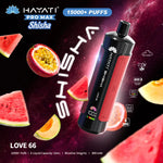 Load image into Gallery viewer, Promotional image for Hayati Pro Max Shisha in Love 66 flavour, set against a galaxy-themed background with visuals of watermelon, passion fruit, and melon. This vape provides 15,000+ puffs, 15mL e-liquid capacity, and 5mg/mL nicotine.
