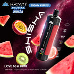 Load image into Gallery viewer, Marketing graphic for Hayati Pro Max Shisha in Love 66 &amp; Kiwi flavour. The image presents a cosmic backdrop with watermelon, kiwi, and citrus visuals. Specifications include 15,000+ puffs, 15mL e-liquid, and 5mg/mL nicotine.
