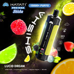 Load image into Gallery viewer, Advert for Hayati Pro Max Shisha in Lucid Dream flavour. It features a cosmic background with visuals of various berries and citrus fruits, along with the vape which offers 15,000+ puffs, 15mL e-liquid, and 5mg/mL nicotine.
