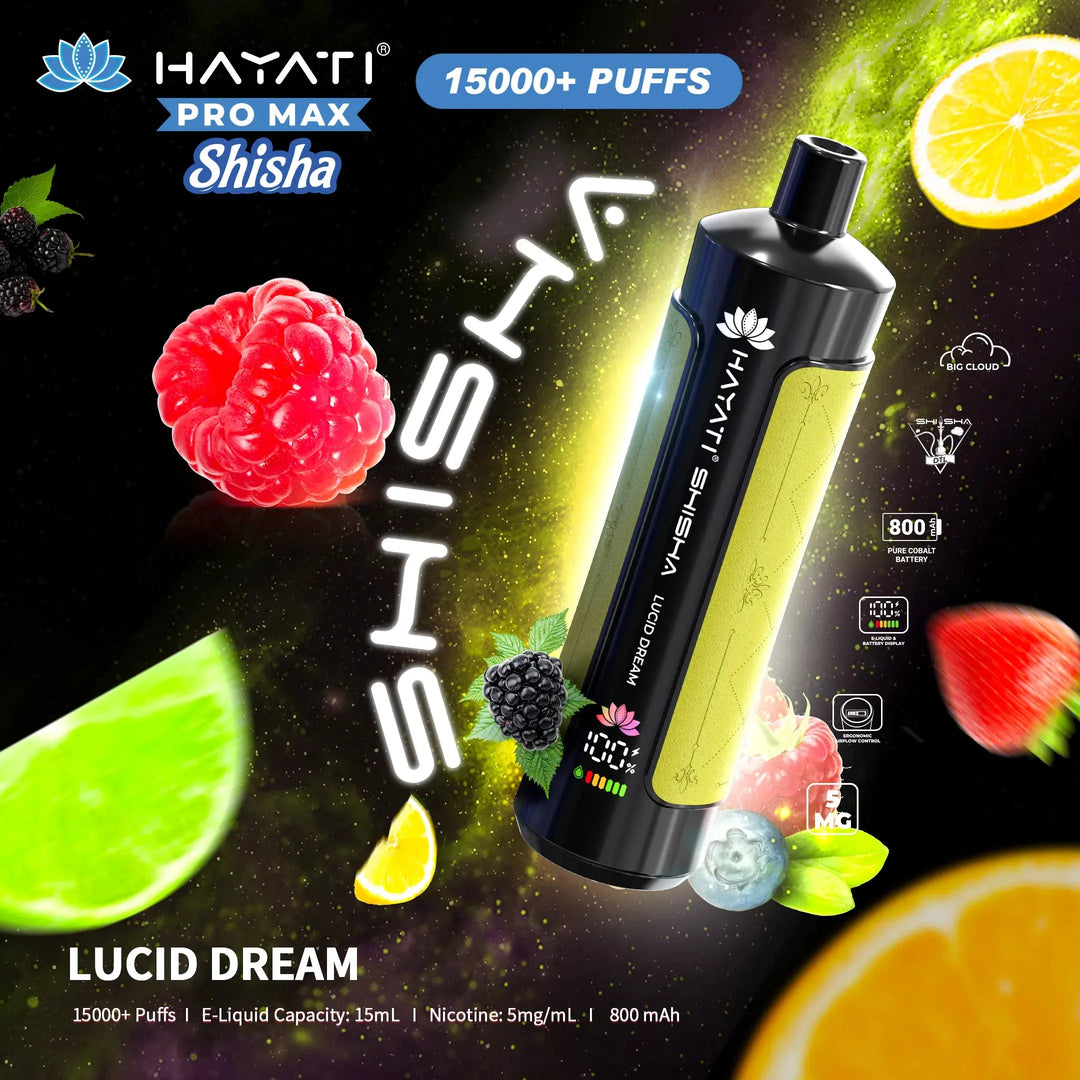 Advert for Hayati Pro Max Shisha in Lucid Dream flavour. It features a cosmic background with visuals of various berries and citrus fruits, along with the vape which offers 15,000+ puffs, 15mL e-liquid, and 5mg/mL nicotine.