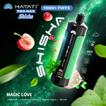 Load image into Gallery viewer, Promotional image for Hayati Pro Max Shisha in Magic Love flavour, detailing 15,000+ puffs, 15mL e-liquid capacity, and 5mg/mL nicotine. The product is displayed in a vibrant, space-themed setting with images of cherries and magical sparkles.
