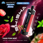 Load image into Gallery viewer, Marketing graphic for Hayati Pro Max Shisha in the Paan Pomi Mint flavour. The image highlights the flavour&#39;s unique blend, showcasing pomegranate, mint, and hints of paan. The vape is set against a stellar background and mentions 15,000+ puffs, 15mL e-liquid capacity, and 5mg/mL nicotine.
