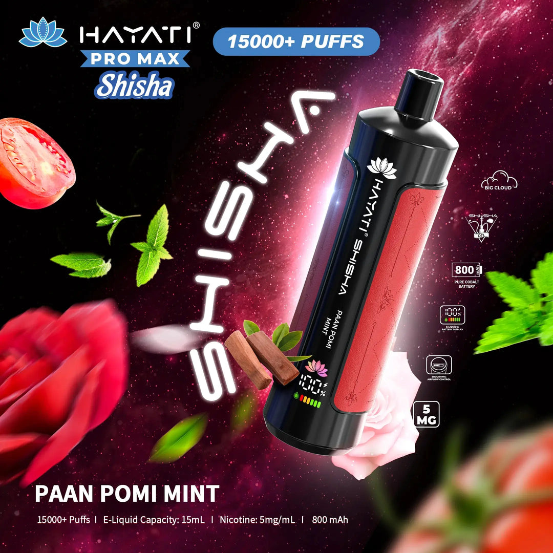 Marketing graphic for Hayati Pro Max Shisha in the Paan Pomi Mint flavour. The image highlights the flavour's unique blend, showcasing pomegranate, mint, and hints of paan. The vape is set against a stellar background and mentions 15,000+ puffs, 15mL e-liquid capacity, and 5mg/mL nicotine.