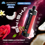 Load image into Gallery viewer, Promotional image for Hayati Pro Max Shisha depicting the Paan Vanilla Coconut flavour. It showcases the vape against a cosmic backdrop with visuals of vanilla flowers, coconut, and paan leaves. This product offers 15,000+ puffs, 15mL e-liquid capacity, and 5mg/mL nicotine.
