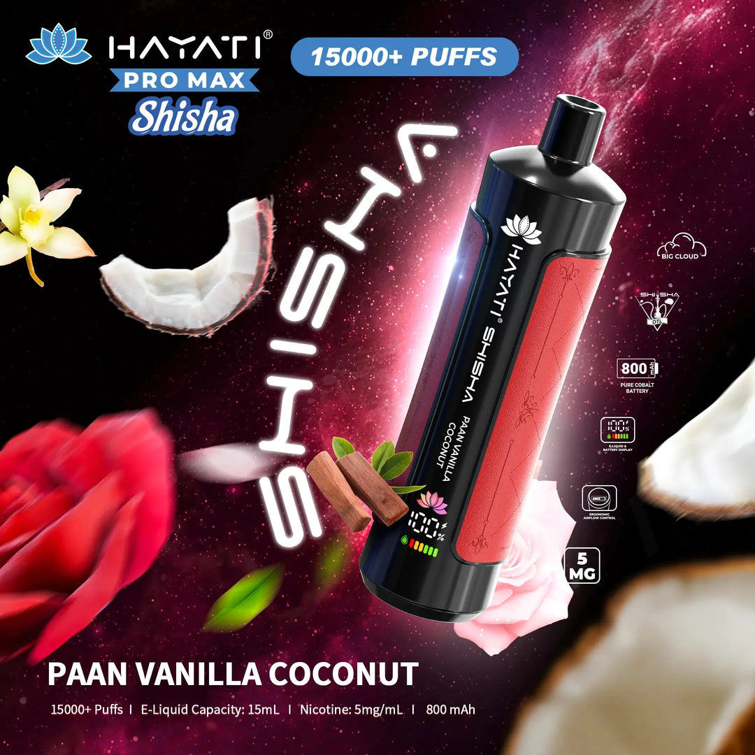 Promotional image for Hayati Pro Max Shisha depicting the Paan Vanilla Coconut flavour. It showcases the vape against a cosmic backdrop with visuals of vanilla flowers, coconut, and paan leaves. This product offers 15,000+ puffs, 15mL e-liquid capacity, and 5mg/mL nicotine.