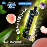 Load image into Gallery viewer, Promotional image for Hayati Pro Max Shisha in Peach Grape Mint flavour. This graphic presents the vape with specifications of 15,000+ puffs, 15mL e-liquid capacity, and 5mg/mL nicotine concentration. The space-themed background features planets, peaches, grapes, and mint leaves.
