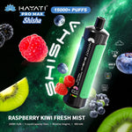 Load image into Gallery viewer, Advertising graphic for Hayati Pro Max Shisha in Raspberry Kiwi Fresh Mist flavour. The design includes a cosmic background with images of raspberries, kiwi slices, and blueberries. The vape details 15,000+ puffs, 15mL e-liquid, and 5mg/mL nicotine.
