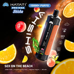 Load image into Gallery viewer, Promotional image for Hayati Pro Max Shisha, highlighting the Sex on the Beach flavour. The vape is presented in a space-themed backdrop with elements like oranges, cranberries, and a sprig of rosemary. This variant offers 15,000+ puffs, 15mL e-liquid capacity, and 5mg/mL nicotine.
