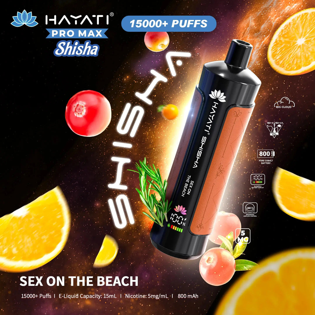 Promotional image for Hayati Pro Max Shisha, highlighting the Sex on the Beach flavour. The vape is presented in a space-themed backdrop with elements like oranges, cranberries, and a sprig of rosemary. This variant offers 15,000+ puffs, 15mL e-liquid capacity, and 5mg/mL nicotine.