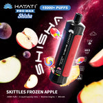 Load image into Gallery viewer, Marketing graphic for Hayati Pro Max Shisha in Skittles Frozen Apple flavour. This image features the vape against a stellar backdrop adorned with apple slices and colourful Skittles candies. Product specifications include 15,000+ puffs, 15mL e-liquid, and 5mg/mL nicotine.
