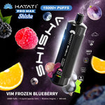 Load image into Gallery viewer, Promotional image for Hayati Pro Max Shisha disposable vape showcasing the Vim Frozen Blueberry flavour. It includes key details like 15,000+ puffs, 15mL e-liquid capacity, and 5mg/mL nicotine. The background is a vibrant cosmic setting with visuals of blueberries, raspberries, and ice crystals.
