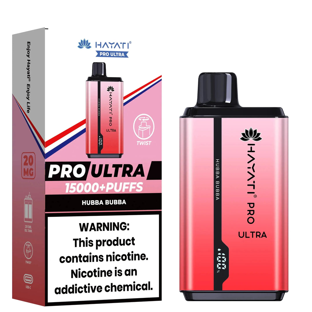 Hayati Pro Ultra 15000+ Puffs disposable vape in Hubba Bubba flavor, featured with a vibrant pink device and packaging.