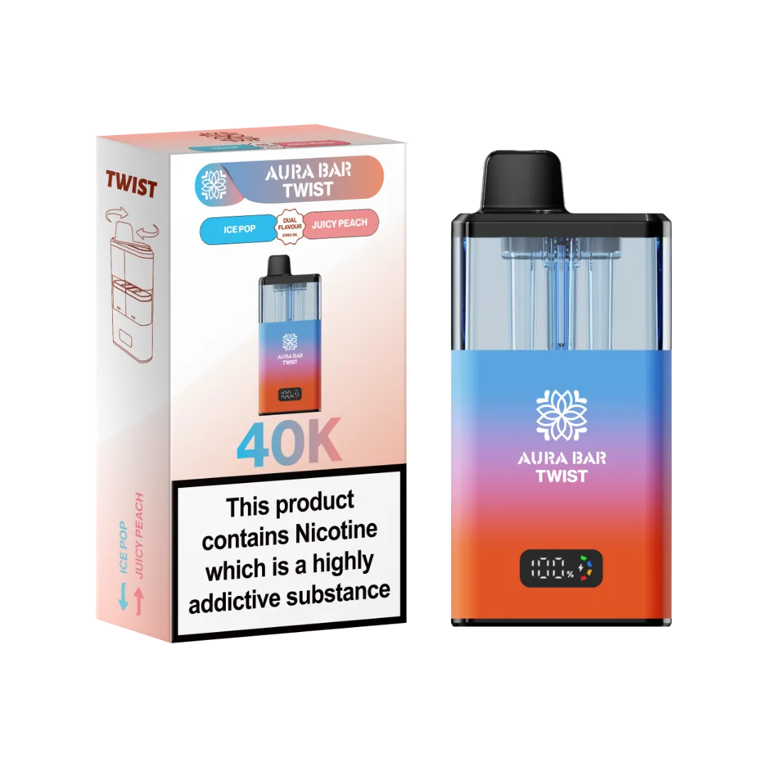 Ice Pop and Juicy Peach dual flavour vape by Crystal Prime Aura Bar Twist 40K Puff Vape