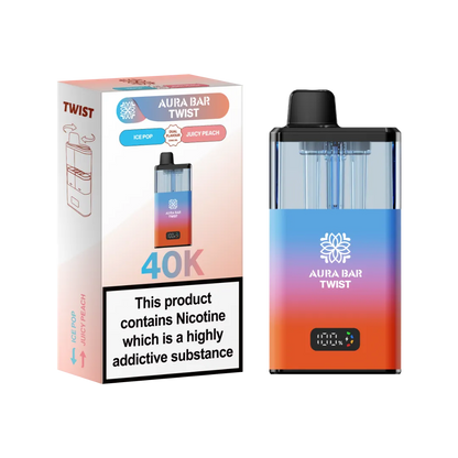 Ice Pop and Juicy Peach dual flavour vape by Crystal Prime Aura Bar Twist 40K Puff Vape