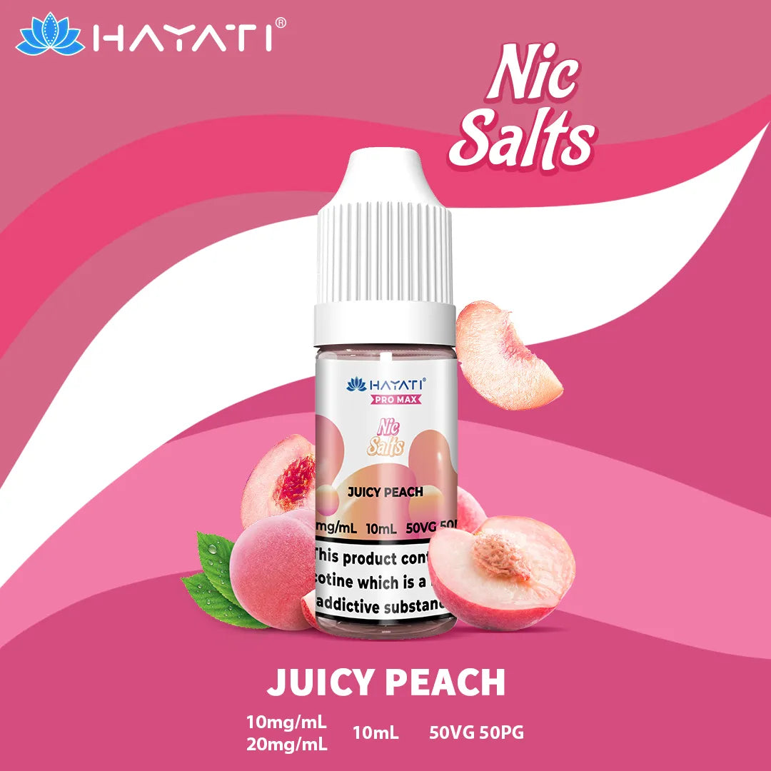 Juicy Peach Hayati Pro Max Nic Salt 10mg and 20mg Nicotine Strength 10ml Bottle