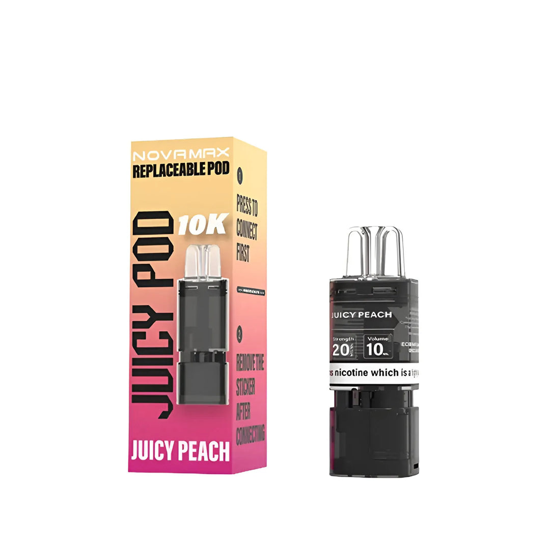 Juicy Pod Novamax 10K Pre-filled Replacement Pod – Juicy Peach Juicy 10K Prefilled Pods flavor, premium vape refill with 10,000 puff capacity and 20mg nicotine strength