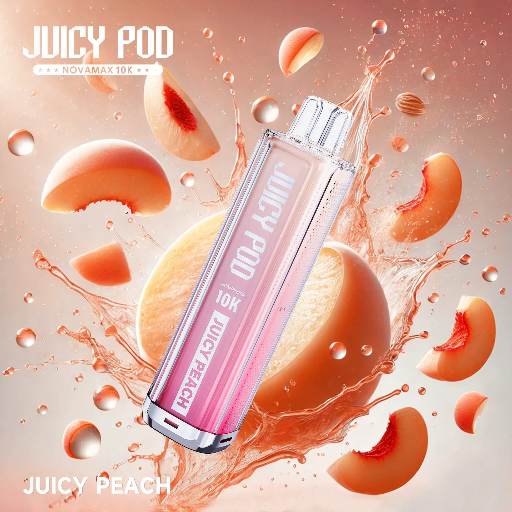 Juicy Pod Novamax 10K Puff Prefilled Pod Kit – Juicy Peach Juicy Pod 10K flavor with vibrant fruity splash visuals, premium vape device with intense taste and 10,000 puff capacity