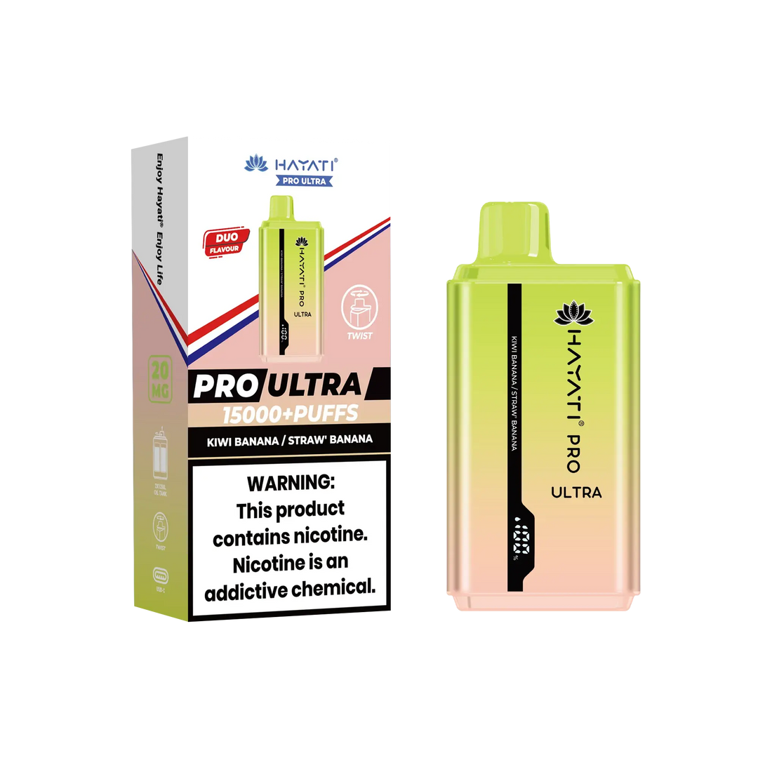 Hayati Pro Ultra 15000+ Puffs disposable vape in Kiwi Banana / Strawberry Banana flavor, showing a gradient yellow and green device and packaging.