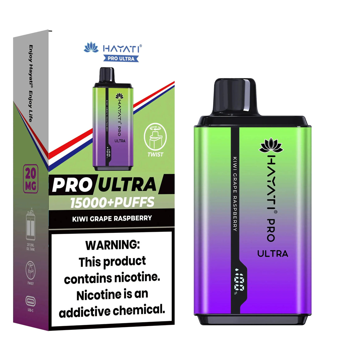 Hayati Pro Ultra 15000+ Puffs disposable vape in Kiwi Grape Raspberry flavor, with a gradient green and purple device and packaging.