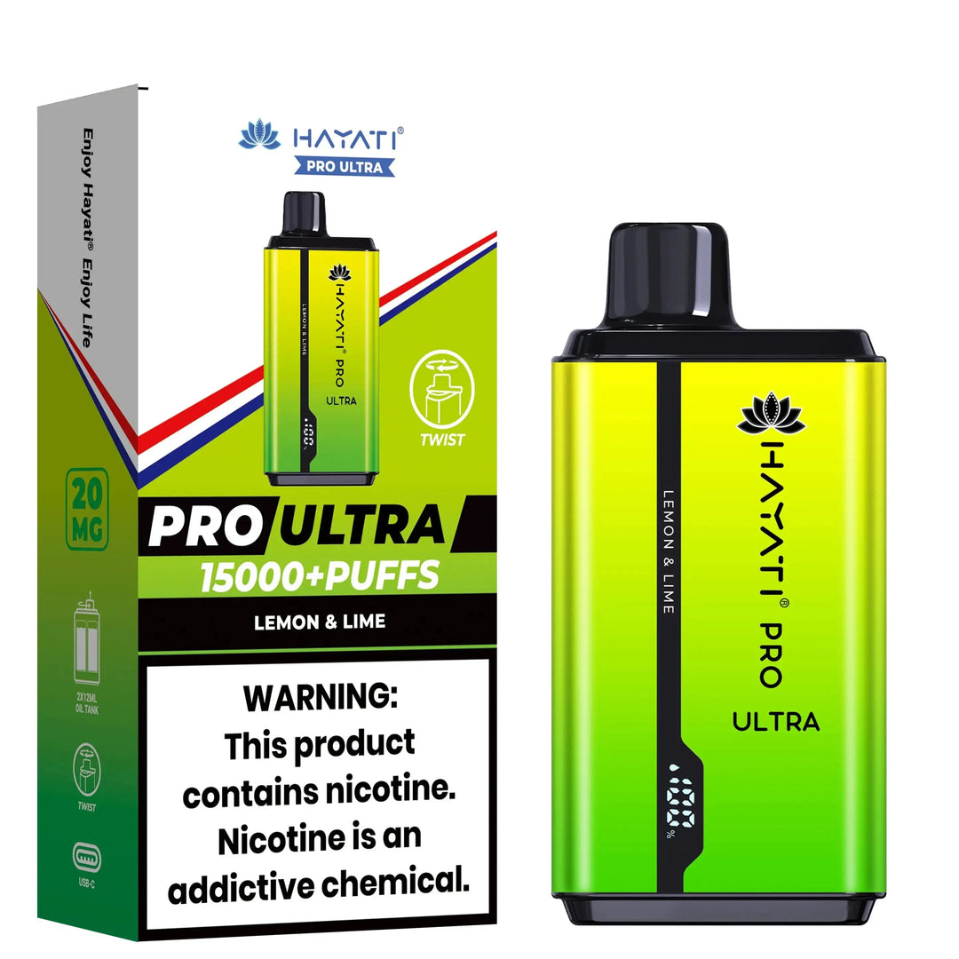 Hayati Pro Ultra 15000+ Puffs disposable vape in Lemon & Lime flavor, displayed with a bright yellow-green device and packaging.