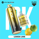 Load image into Gallery viewer, Pyne Pod Click &quot;Lemon Lime&quot; starter kit, comprising a yellow and grey vape device with flavour label and a 10ml bottle of nicotine e-liquid (20mg/ml), displayed next to a sliced lemon and a lime, on a light blue background. &quot;Product contains nicotine, a highly addictive substance&quot; is also visible on the e-liquid bottle.
