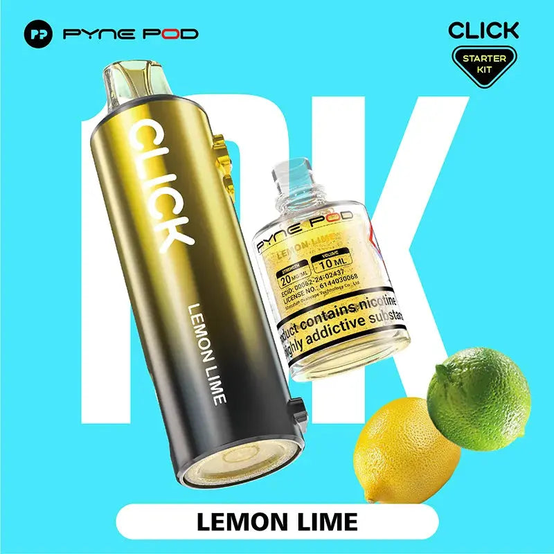 Pyne Pod Click "Lemon Lime" starter kit, comprising a yellow and grey vape device with flavour label and a 10ml bottle of nicotine e-liquid (20mg/ml), displayed next to a sliced lemon and a lime, on a light blue background. "Product contains nicotine, a highly addictive substance" is also visible on the e-liquid bottle.