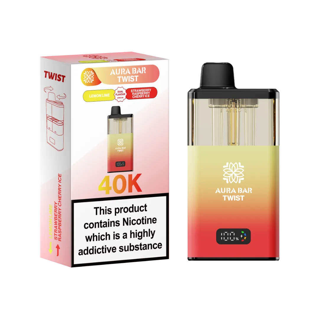 Lemon Lime and Strawberry Raspberry Cherry Ice dual flavour vape by Crystal Prime Aura Bar Twist 40K Puff Vape