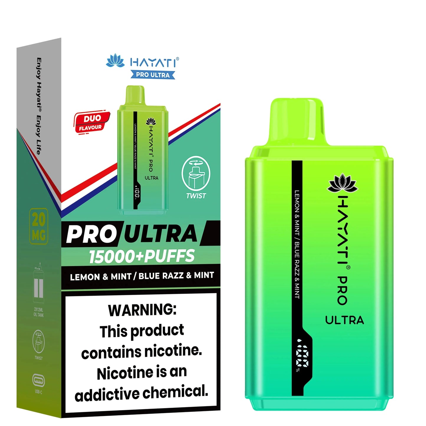 Hayati Pro Ultra 15000+ Puffs disposable vape in Lemon & Mint / Blue Razz & Mint flavor, featuring a vivid green device and packaging.