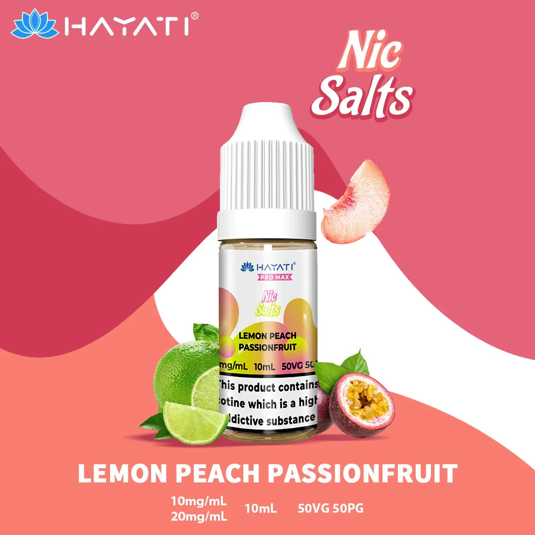 Lemon Peach Passion Fruit Hayati Pro Max Nic Salt 10mg and 20mg Nicotine Strength 10ml Bottle