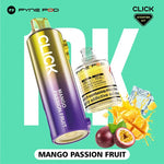 Load image into Gallery viewer, Pyne Pod Click &quot;Mango Passion Fruit&quot; starter kit, comprising a yellow and purple vape device with flavour label and a 10ml bottle of nicotine e-liquid (20mg/ml), displayed next to a sliced mango, a halved passion fruit, and a melting ice cube, on a light blue background. &quot;Product contains nicotine, a highly addictive substance&quot; is also visible on the e-liquid bottle.
