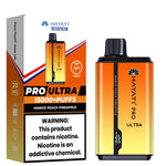 Load image into Gallery viewer, Hayati Pro Ultra 15000+ Puffs disposable vape in Mango Peach Pineapple flavor, with a gradient yellow and orange device and packaging.
