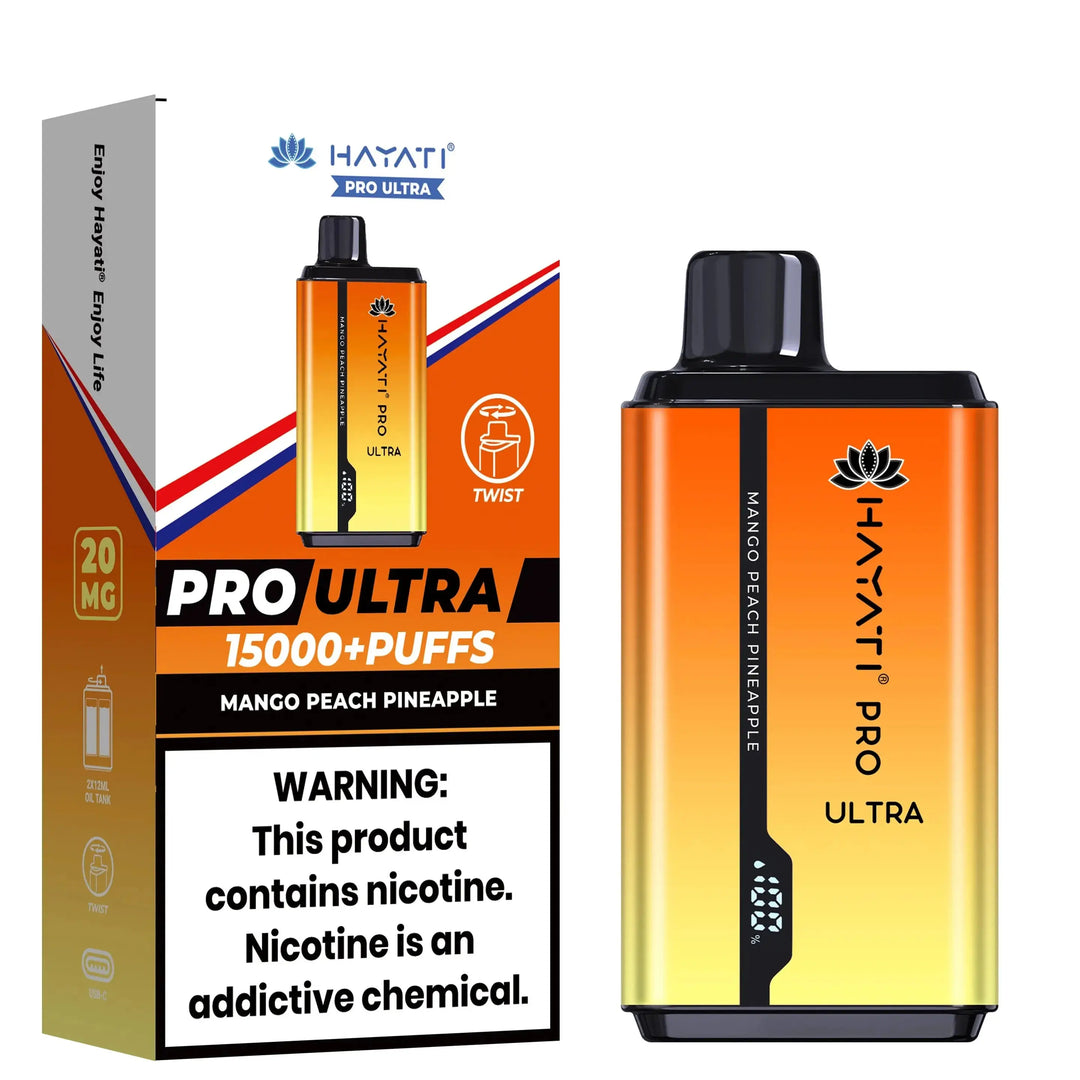 Hayati Pro Ultra 15000+ Puffs disposable vape in Mango Peach Pineapple flavor, with a gradient yellow and orange device and packaging.