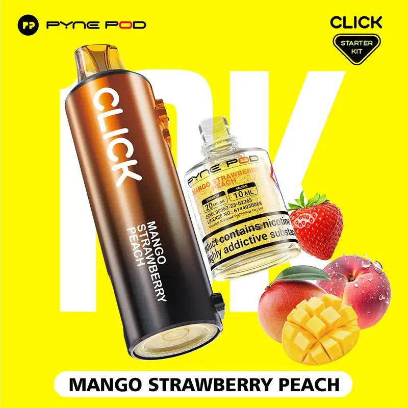 Pyne Pod Click starter kit featuring a brown and gold vape device labelled "Mango Strawberry Peach" and a bottle of matching e-liquid, alongside a strawberry, a peach, and a sliced mango.