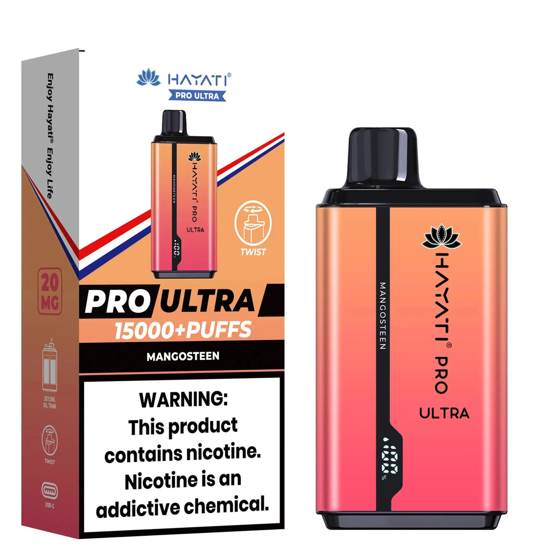 Hayati Pro Ultra 15000+ Puffs disposable vape in Mangosteen flavor, presented with an orange-red gradient device and packaging.