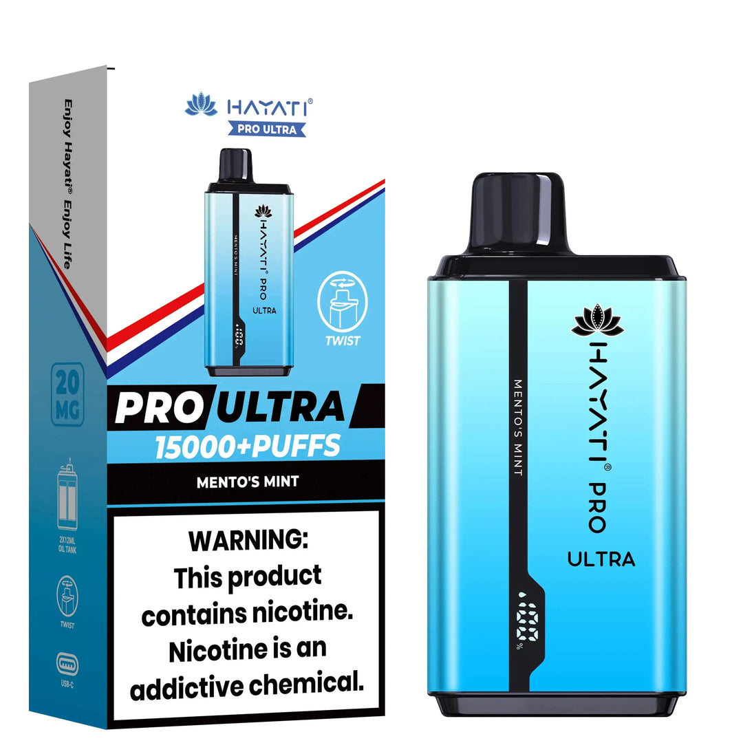 Hayati Pro Ultra 15000+ Puffs disposable vape in Mentos Mint flavor, showcased with a blue device and matching packaging.