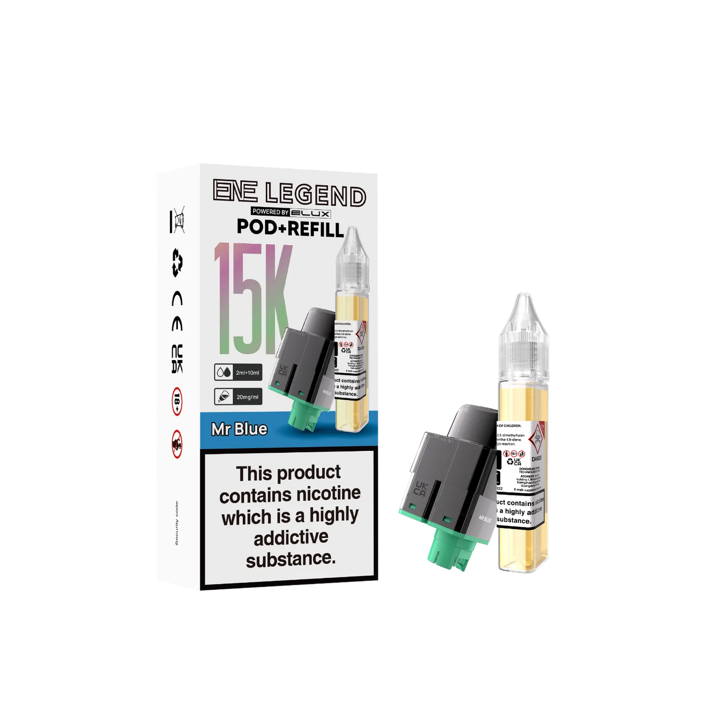 Mr Blue flavour pod and refill container for ENE Legend 15K by Elux
