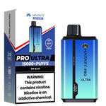 Load image into Gallery viewer, Hayati Pro Ultra disposable vape in Mr Blue flavor, pictured with the device next to its blue packaging that advertises &#39;15000+ puffs&#39; and includes a nicotine warning.
