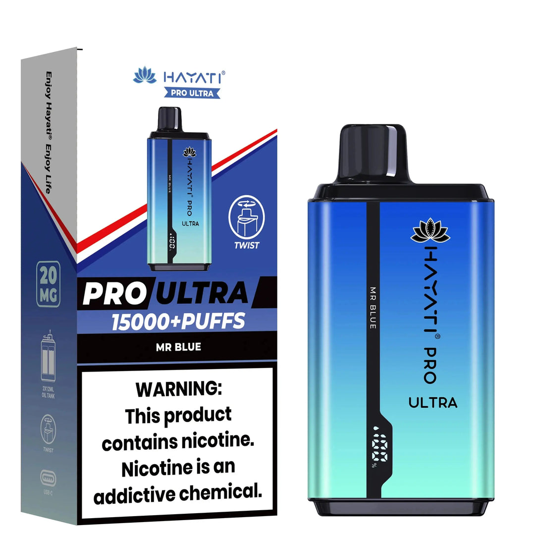 Hayati Pro Ultra disposable vape in Mr Blue flavor, pictured with the device next to its blue packaging that advertises '15000+ puffs' and includes a nicotine warning.