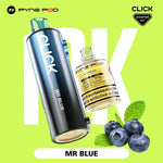 Load image into Gallery viewer, Pyne Pod Click &quot;MR BLUE&quot; starter kit, comprising a blue and grey vape device with flavour label and a 10ml bottle of nicotine e-liquid (20mg/ml), displayed next to scattered blueberries and a mint leaf, on a light blue background. &quot;Product contains nicotine, a highly addictive substance&quot; is also visible on the e-liquid bottle.
