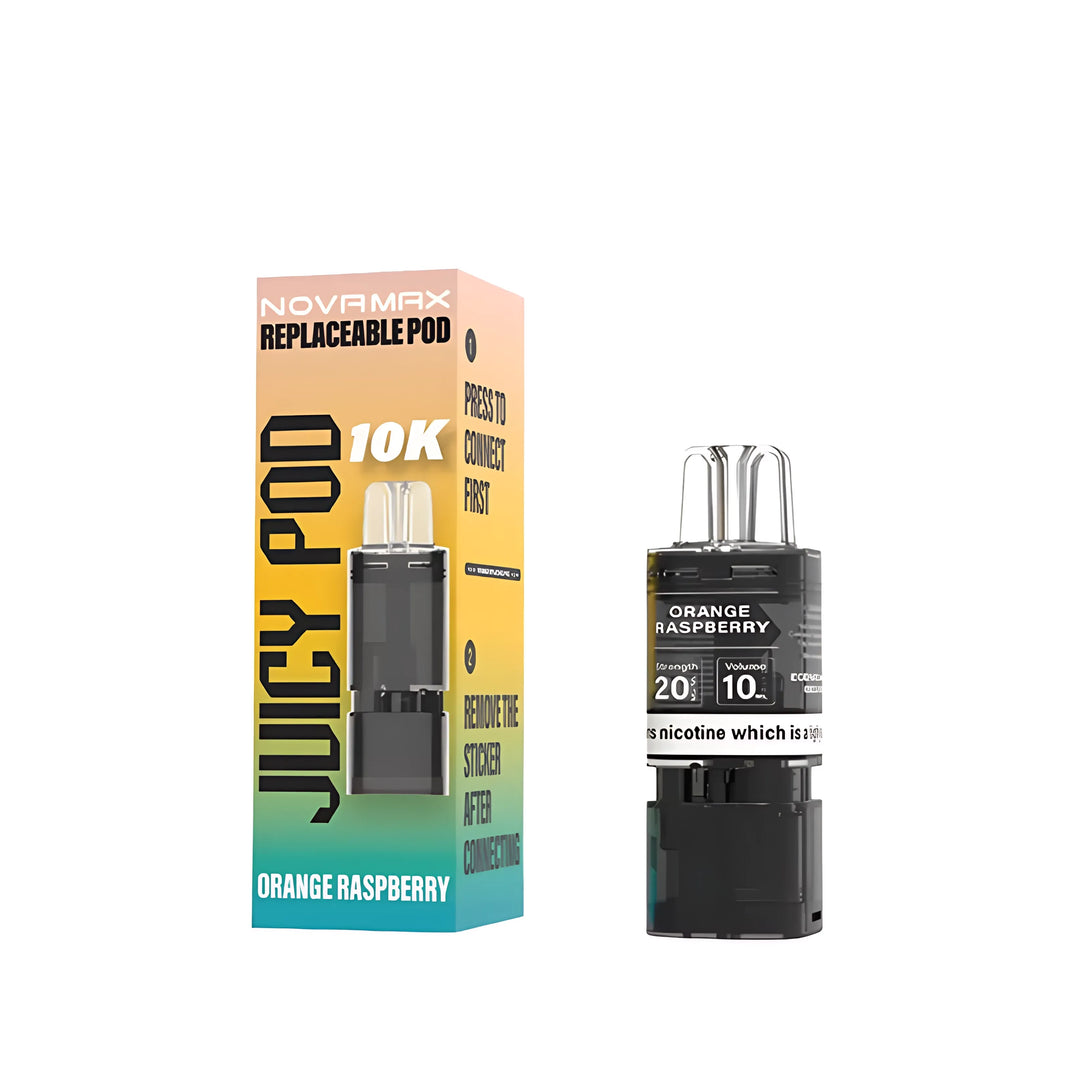 Juicy Pod Novamax 10K Pre-filled Replacement Pod – Orange Raspberry Juicy 10K Prefilled Pods flavor, premium vape refill with 10,000 puff capacity and 20mg nicotine strength