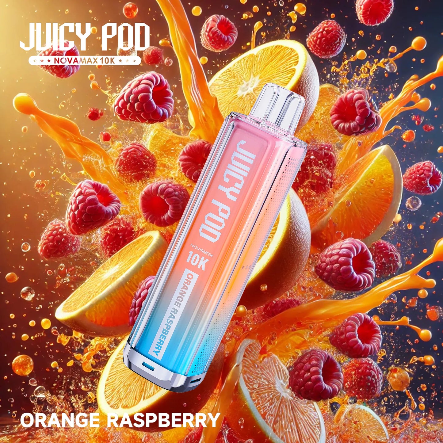 Juicy Pod Novamax 10K Puff Prefilled Pod Kit – Orange Raspberry Juicy Pod 10K flavor with vibrant fruity splash visuals, premium vape device with intense taste and 10,000 puff capacity