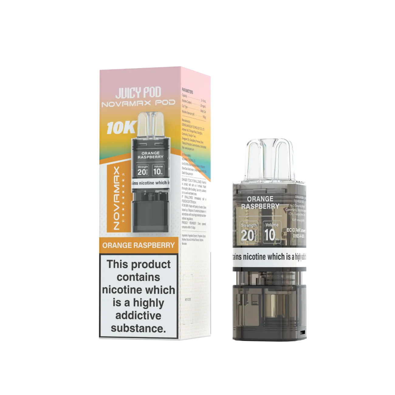 Juicy Pod Novamax Pod 10K pre-filled pod in Orange Raspberry flavour