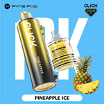 Load image into Gallery viewer, Pyne Pod Click &quot;Pineapple Ice&quot; starter kit, comprising a gold and grey vape device with flavour label and a 10ml bottle of nicotine e-liquid (20mg/ml), displayed next to a whole pineapple and a slice of pineapple, on a bright blue background. &quot;Product contains nicotine, a highly addictive substance&quot; is also visible on the e-liquid bottle.
